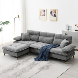 LUSPAZ L Shaped Convertible Sectional Sofa Set, Cloud Chenille Fabric 4 Seat Tufted Couch with Movable Ottoman and Two-Tone Adjust Legs,Grey