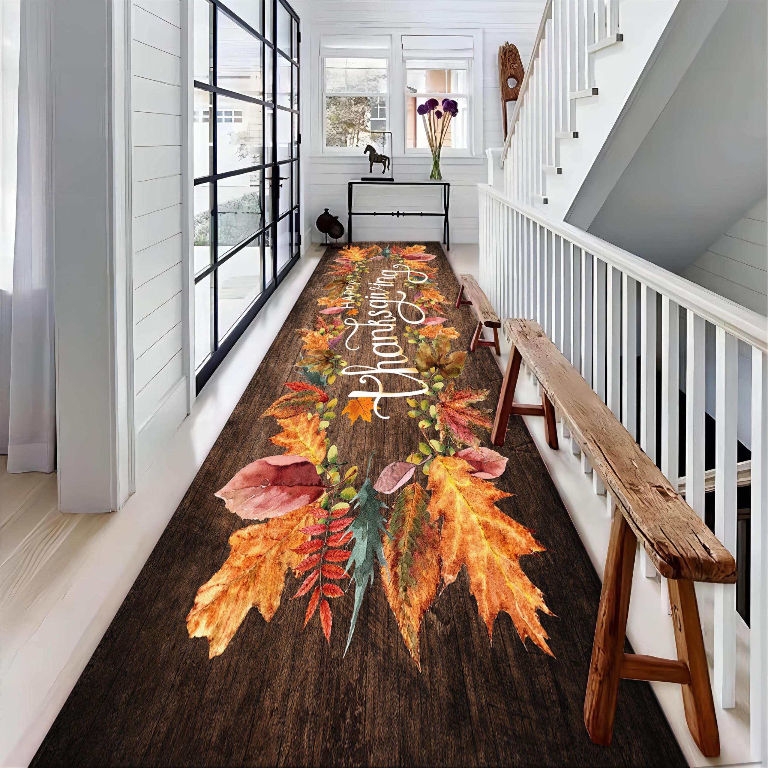 Brown Thanksgiving Indoor Rug, 2x6ft, Happy Fall Autumn Leaves Wreath Hallway Carpet, Low Pile Shed Resistant Kitchen Mat, Breathable Washable Non-Slip Throw Rugs for Entryway Porch