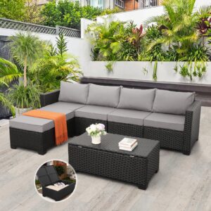 Rattaner Outdoor Sectional 4 Pieces Patio Furniture Set Wicker Patio Furniture Long Patio Couch with Ottoman and Outdoor Storage Table Weathering Anti-Slip Cushions Waterproof Covers, Light Grey