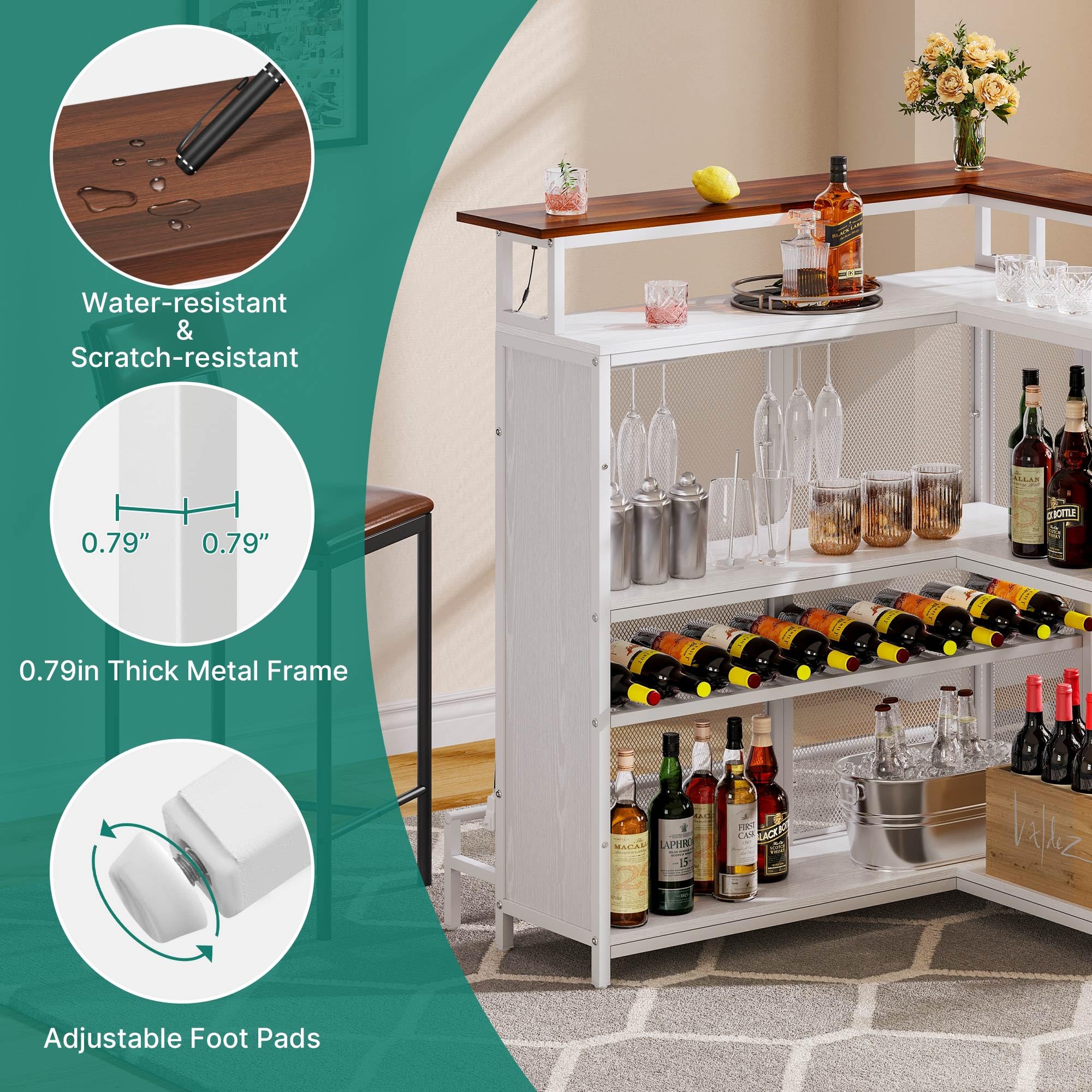 YITAHOME L Shaped Mini Home Bar Unit for Living Room with Music Sensing LED Light, Tall Bars Furniture Table with Wine Rack Alcohol Storage Glasses Hanger Footrest for Kitchen Pub, White