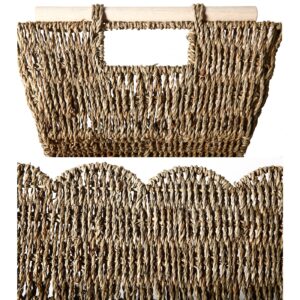 Scalloped Edge Basket with Wooden Handle, Water Hyacinth/Seagrass/Wicker Storage Baskets, Hand Woven Baskets for Shelves,Natural Baskets for Organizing (Seagrass, 16.5 * 12.6 * 5.5“)