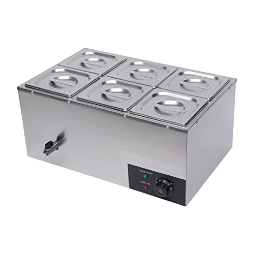 YUMIONB Commercial Food Warmer, 110V 600W Stainless Steel Food Warmer Electric Food Warmer Adjustable Temperature 30-85°C/86-185℉ Portable Food Warmer with 6 Pans for Home, Restaurants, Parties