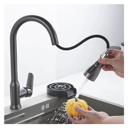 Kitchen Faucet Single Hole Pull Out Spout Kitchen Sink Mixer Faucet Spray Head Chrome/Black Mixer Faucet(Gray)