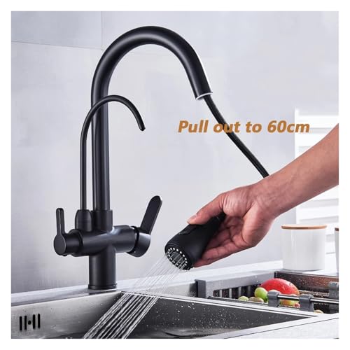 Black Touch Sensor Kitchen Sink Hot and Cold Mixer Pure Faucet Deck Mount Pull-Out Double Handle(Black Gold)