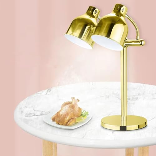 WTTTTW Heat Lamp for Food,500W Commercial Food Warmer Warming Light, Adjustable 2-Head Stainless Free-Standing Catering Food Heating Lamp for Kitchen Cafeteria Restaurant Buffet,Gold