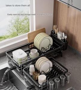 Taqargzy Dish Drying Rack Large Dish Drying Rack with Drainboard Set, Extendable Dish Rack, Utensil Holder, Cup Holder, Expandable Dish Drainer for Kitchen CounterCup Holder,(Black1)