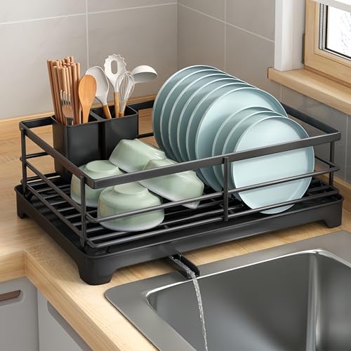 Dish Drying Rack Multifunctional Dish Rack for Kitchen Counter,Dish Rack with Drainboard, Rotatable Drain Spout, for Kitchen Counter and Sink, Cup Holder,Chopstick rest Utensil Holder,(Black)