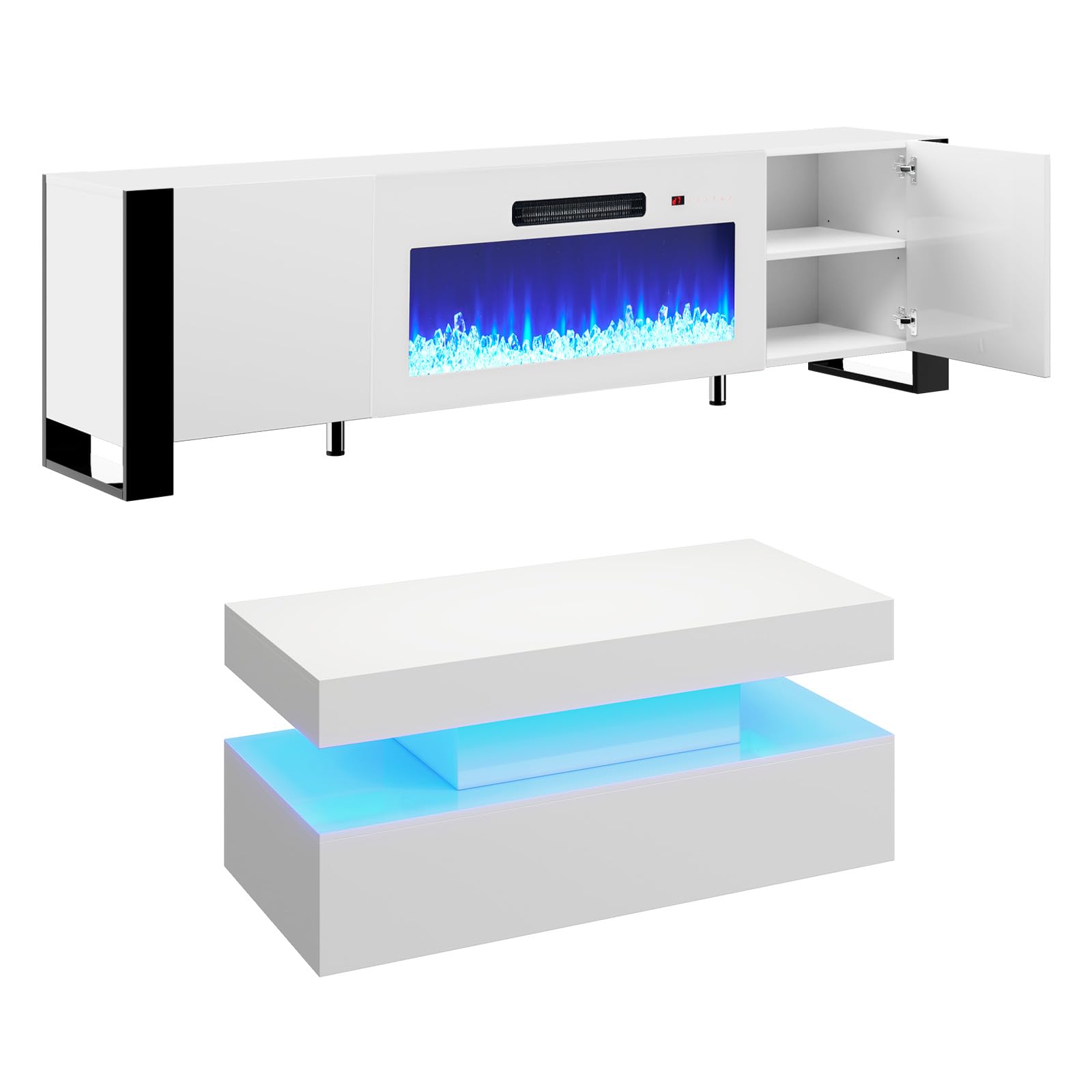 VanAcc 3-Piece Modern Living Room Table Sets, 70" Modern LED TV Stand with 36" Electric Fireplace, High Gloss Coffee Tables for Living Room, White