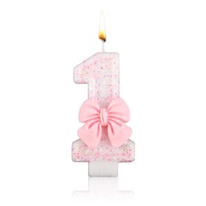 pink number candles, pink bowknot number candles glittering birthday number candle for cake birthday party wedding anniversary (number 1)