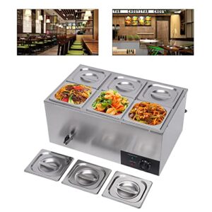 YUMIONB Commercial Food Warmer, 110V 600W Stainless Steel Food Warmer Electric Food Warmer Adjustable Temperature 30-85°C/86-185℉ Portable Food Warmer with 6 Pans for Home, Restaurants, Parties