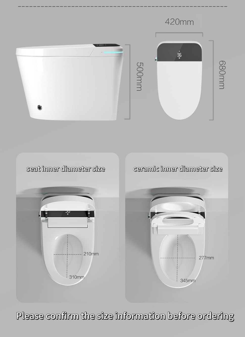 SouNor 12"Rough-in Tankless Smart Toilet with Blue Light Strip,LED Display Warm Air Drying, Heated Bidet Seat,Foot Sensor Flush,Wireless Remote Control,Warm Water Wash,Self-cleaning,Ceramic,White.