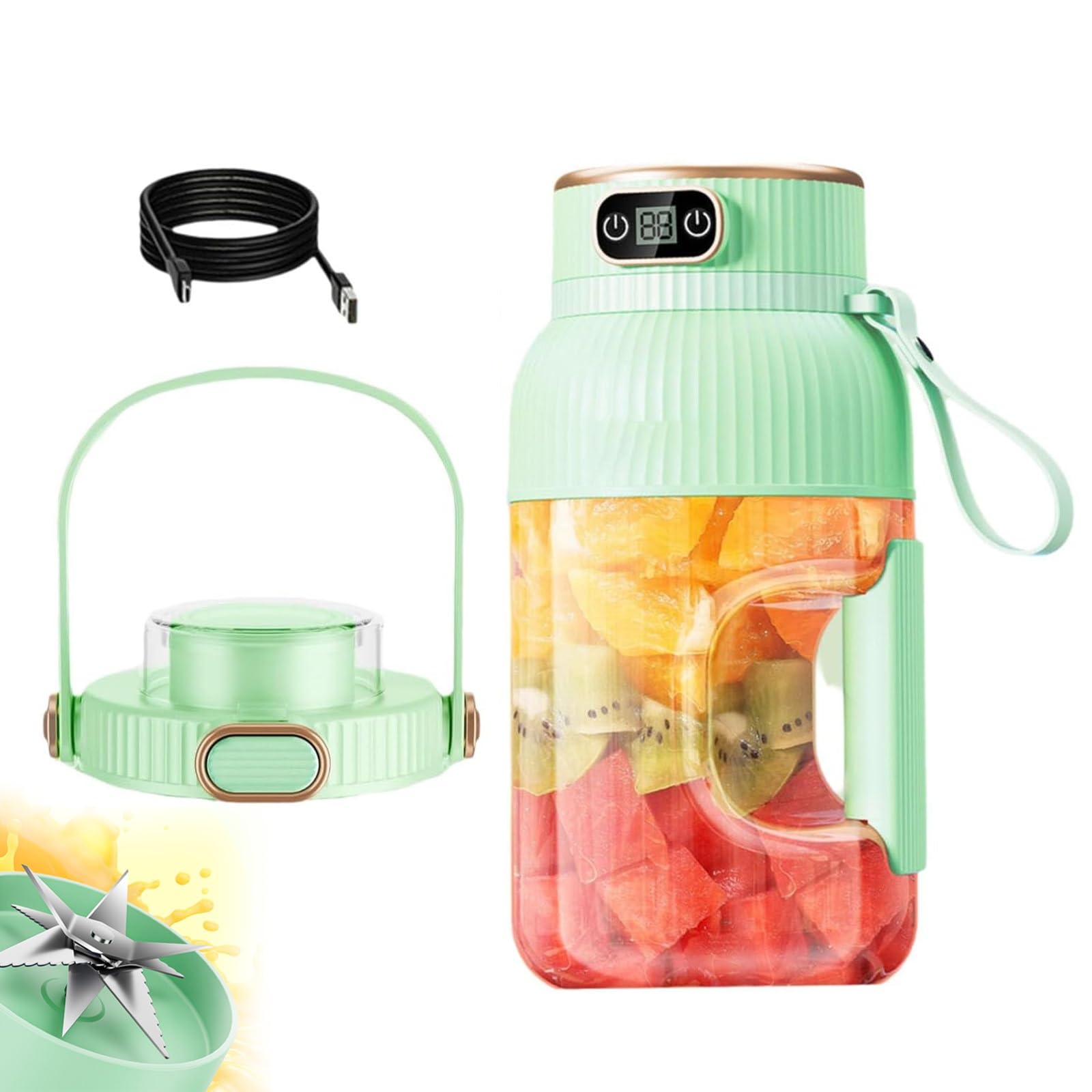 Ovidian Juicer Cup,The Ovidian Portable Juicer,Multifunctional Portable Juicer Cup with Digital Display,USB Wireless Portable Blender Rechargeable for Shakes,Fruits,Veggies(Green,Single cup+double lid