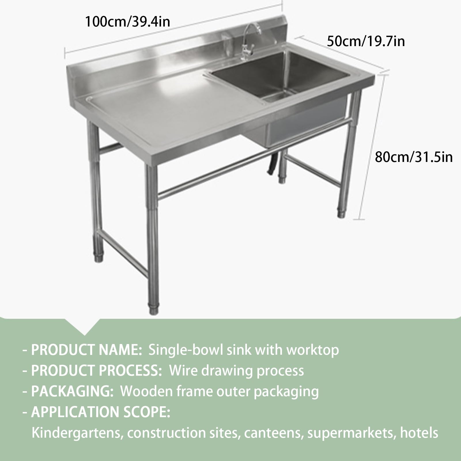 Commercial Stainless Steel Worktop with Sink,Stainless Steel Utility Sink,Free Standing Single Bowl Kitchen Sink Set Water for Farmhouse, Bathroom,Bar,Laundry Room,Adjustable Feet