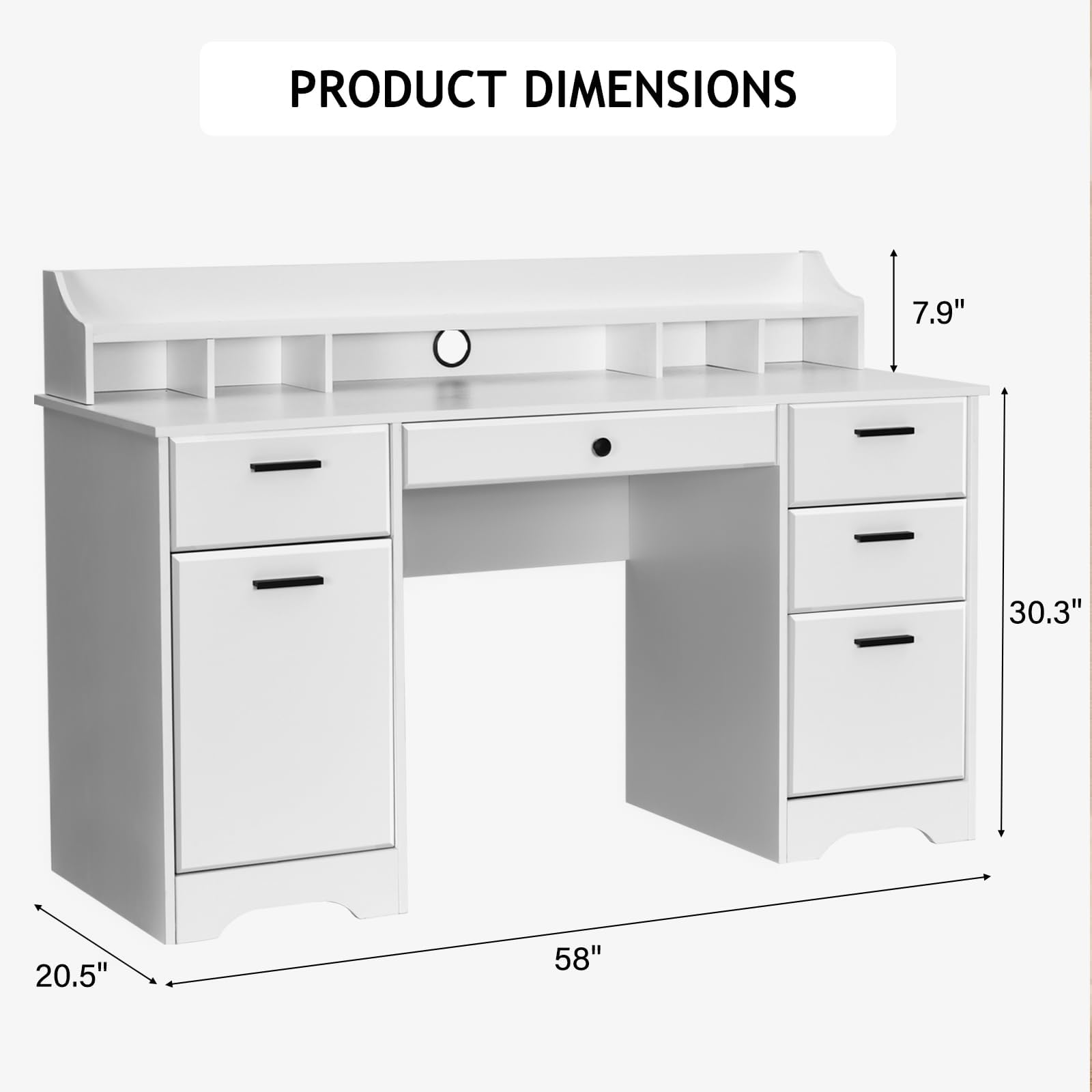 MaverickFurni White Executive Desk with Drawers, 58 Inch White Desk with Storage, Wood Computer Desk with 6 Drawers, Study Desk for Bedroom, Business Furniture Desk with File Cabinet