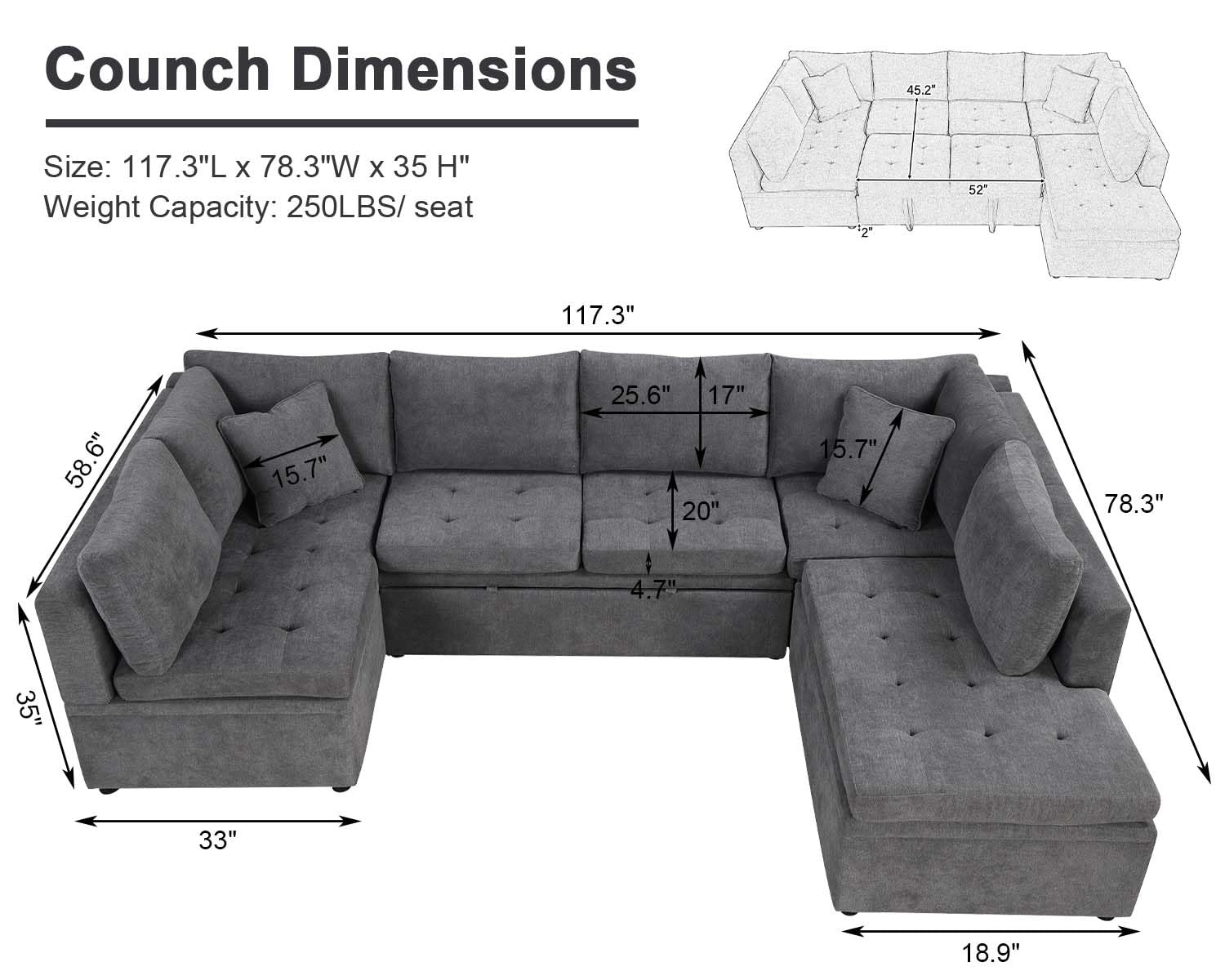 Suheww Pull-Out Sleeper Sectional, 117.3" Modular Sectional Sleeper Sofa with Pull Out Couch Bed, U Shaped Sectional Sleeper Sofa with Pullout for Living Room Grey