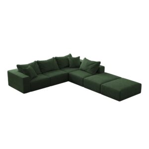 162" Minimalist Oversized Modular Sofa Couch, Deep Seat Sectional Sofa with Ottoman, 6-Seater Track Arm Sofa, U Shape Cloud Couch for Living Room Office Apartment Reception-Green