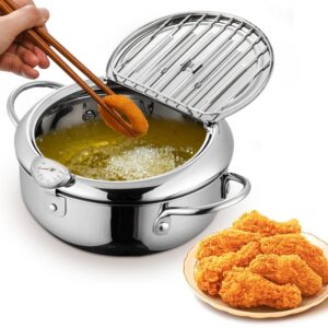 stainless steel deep fryer pot,japanese tempura small deep fryer for kitchen chips chicken home use,2024 upgraded stainless steel frying pot with thermometer and oil drip drainer rack (9.4in)