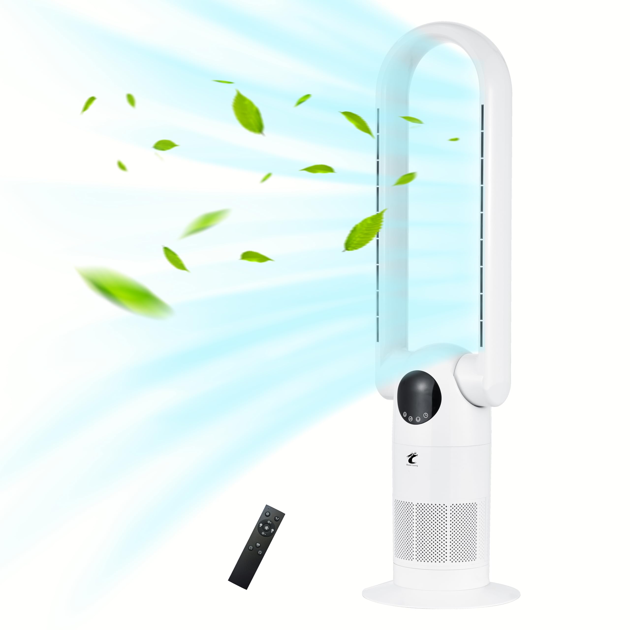 Ocean Loong Bladeless Tower Fan and Air Purifier in one, 90° Oscillating Bladeless Fan with Remote,Tilt Head, 9H Timer, Floor Fans for Bedroom Home, 38.6inch AC68P, White