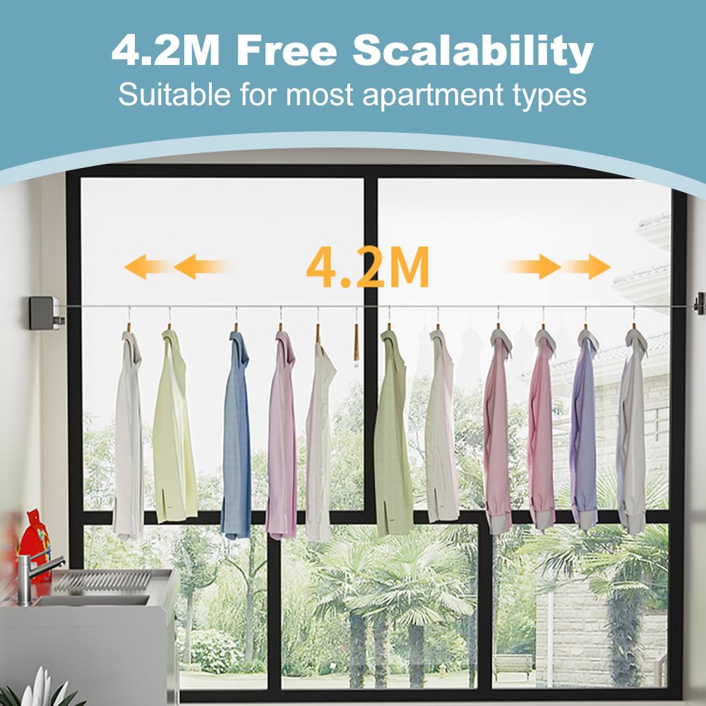 Retractable Clothesline, Indoor Outdoor Laundry Line with Adjustable Stainless Steel Double Rope, Wall Mounted Space-Saver Drying Rack 13.8 Feet Clothing Line for Balcony Bathroom (Grey)