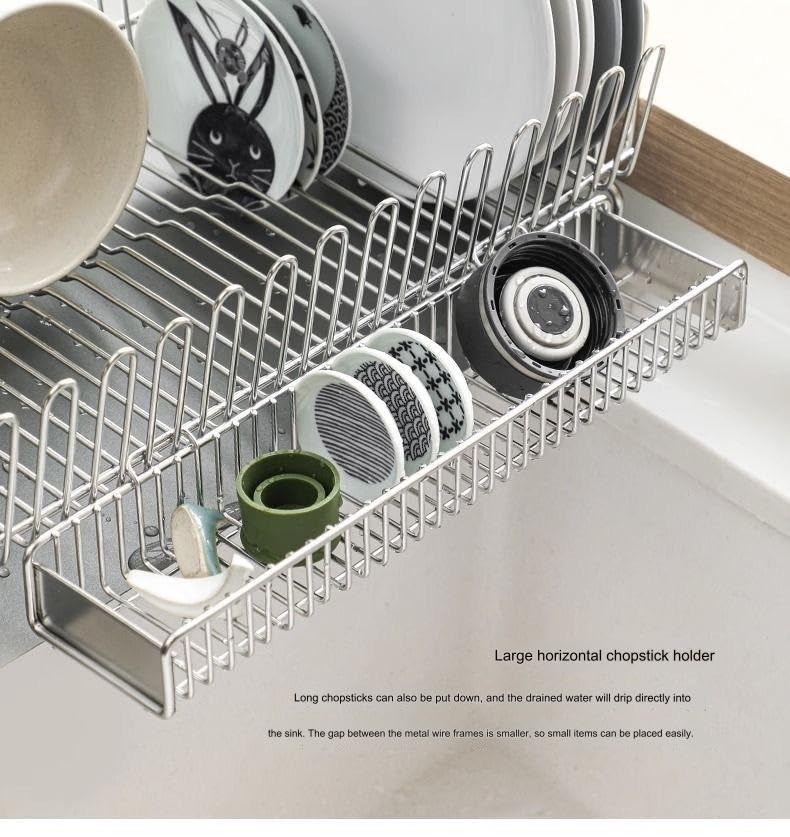 Dish Drying Rack 304 Stainless Steel Dish Rack with Drainboard Drainage, Utensil Holder for Various Kitchenware,Comes with chopstick holder Multifunctional Dish Rack for Kitchen Counter,Cup Holder,(St