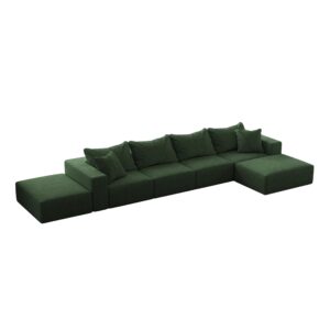 162" Minimalist Oversized Modular Sofa Couch, Deep Seat Sectional Sofa with Ottoman, 6-Seater Track Arm Sofa, U Shape Cloud Couch for Living Room Office Apartment Reception-Green