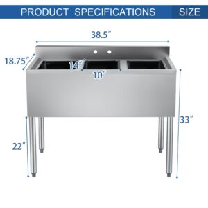 HARDURA 3 Compartment Sink of Stainless Steel, with 10X14X10 Inches Bowl and Backsplash, NSF Commercial Three Compartment Sink for Bar, Restaurant, Kitchen and Cafe