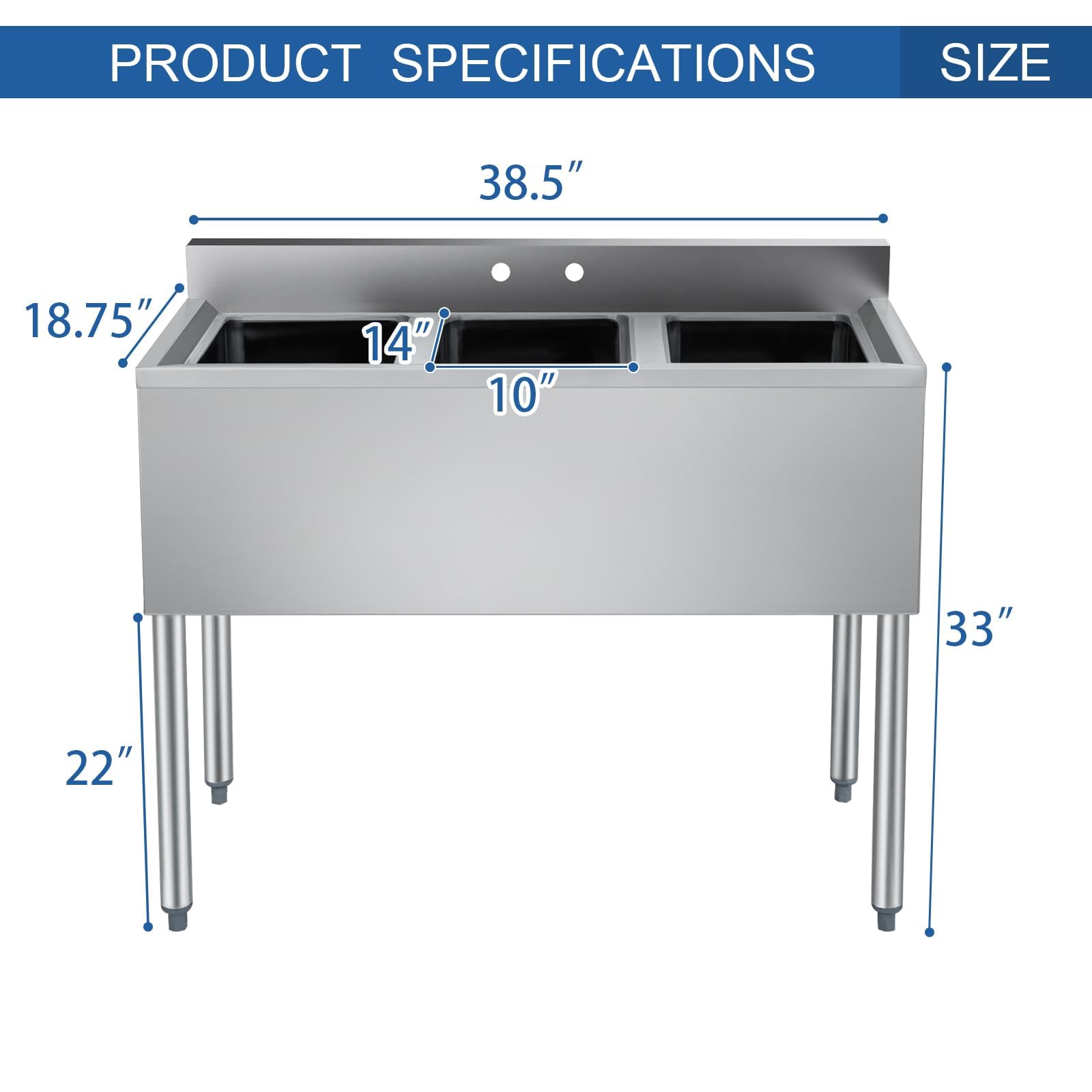 HARDURA 3 Compartment Sink of Stainless Steel, with 10X14X10 Inches Bowl and Backsplash, NSF Commercial Three Compartment Sink for Bar, Restaurant, Kitchen and Cafe