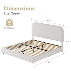 HOMBCK Queen Size Boucle Bed Frame, Upholstered Bed Frame with Headboard, Soft Cloud Bed Frame with Thickened Footboard, Rounded Corners, No Box Spring Needed, Easy Assembly, White