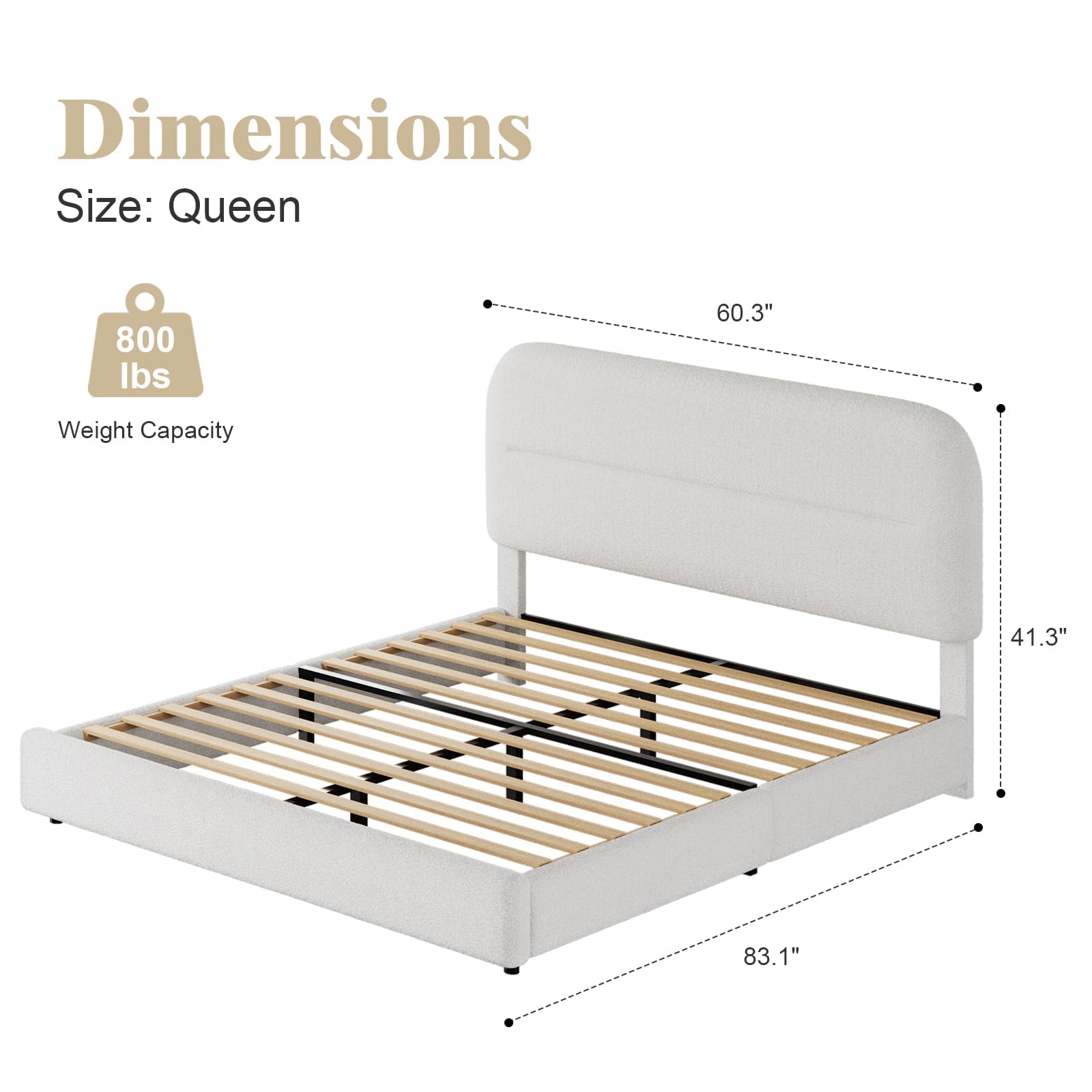 HOMBCK Queen Size Boucle Bed Frame, Upholstered Bed Frame with Headboard, Soft Cloud Bed Frame with Thickened Footboard, Rounded Corners, No Box Spring Needed, Easy Assembly, White