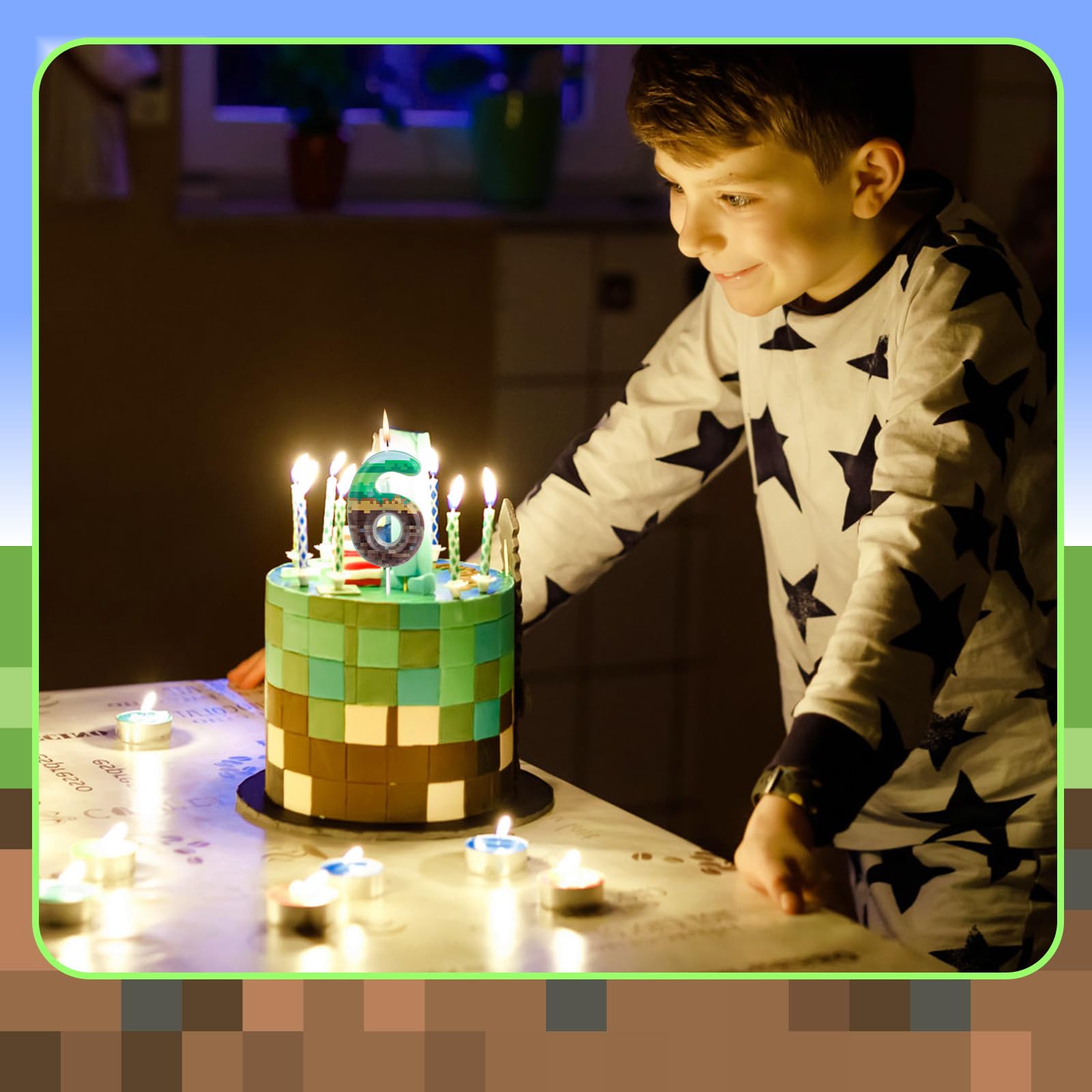 Pixel Birthday Cake Candle, Green Pixel Birthday Candle Pixel Cake Candle Number Candles Pixel Print Number Cake Toppers for Birthday Wedding Anniversary Pixel Themed Parties (6)