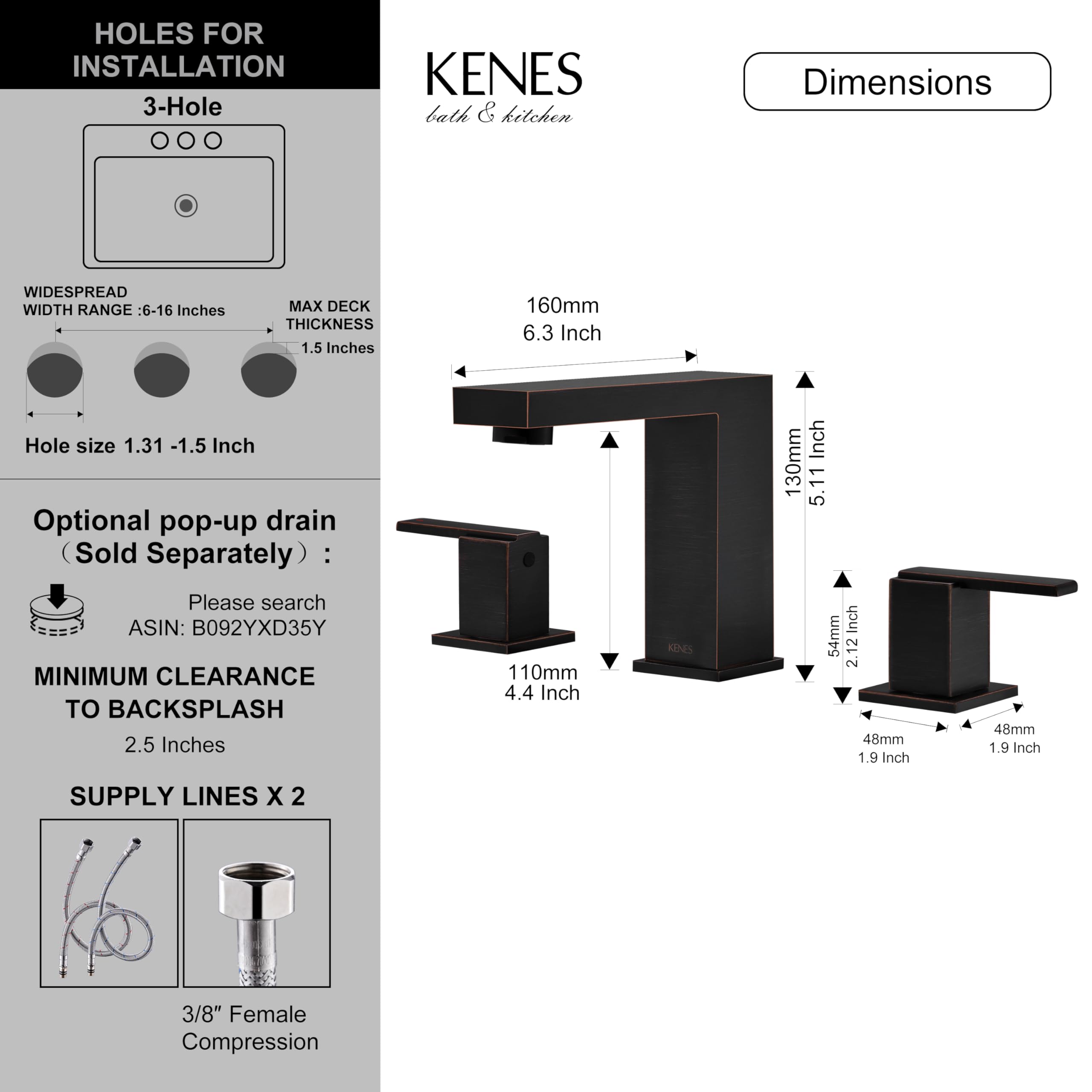 KENES Oil Rubbed Bronze Bathroom Sink Faucet Widespread Bathroom Faucet Two Handle, 8-Inch 3 Pieces Bathroom Vanity Faucet 3 Hole Lavatory Faucet with Supply Lines, KE-9050-8