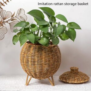 Itkcozcg Tabletop Hand Woven Storage Container with Lid Flower Basket Plastics Sundries Holder for Workspaces and Bedrooms