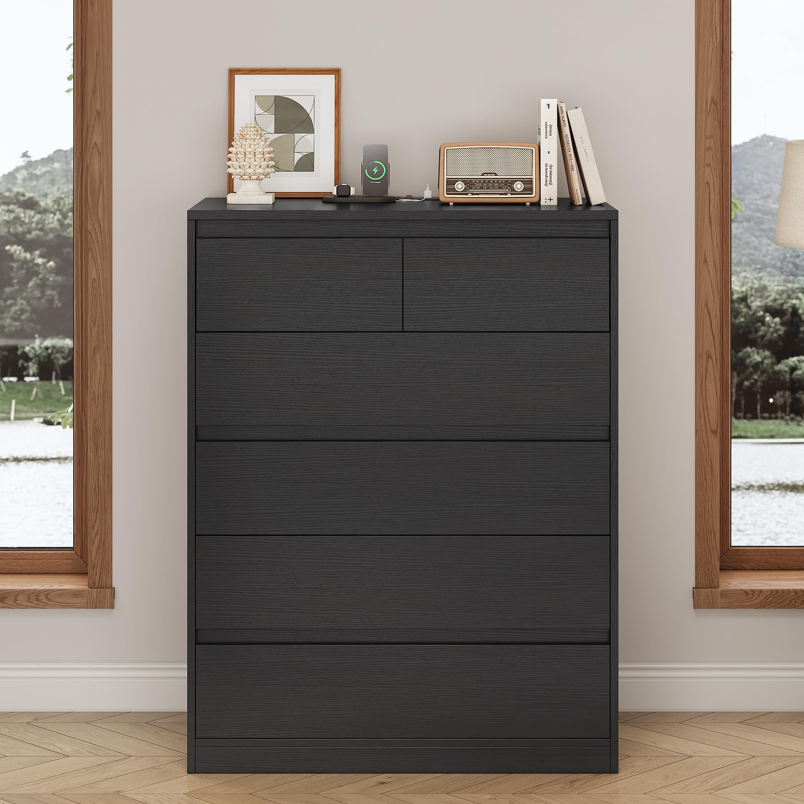 AOGLLATI Black Dresser for Bedroom, Modern Tall Dresser with 6 Drawers, Dressers & Chest of Drawers with Charging Station Handle Free,Wooden 6 Drawer Dresser for Bedroom Living Room,Black