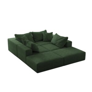 162" Minimalist Oversized Modular Sofa Couch, Deep Seat Sectional Sofa with Ottoman, 6-Seater Track Arm Sofa, U Shape Cloud Couch for Living Room Office Apartment Reception-Green