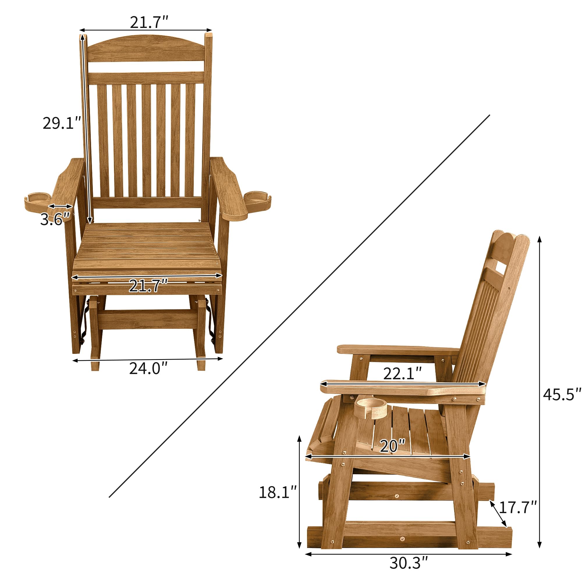 Poly Lumber Patio Glider for One Person, Ergonomic Deep Seat and High Backrest, with Removable Cup Holders, Wood-Like Pattern, Heavy Duty 700 LBS, for Outdoor Patio Garden Yard (Brown)