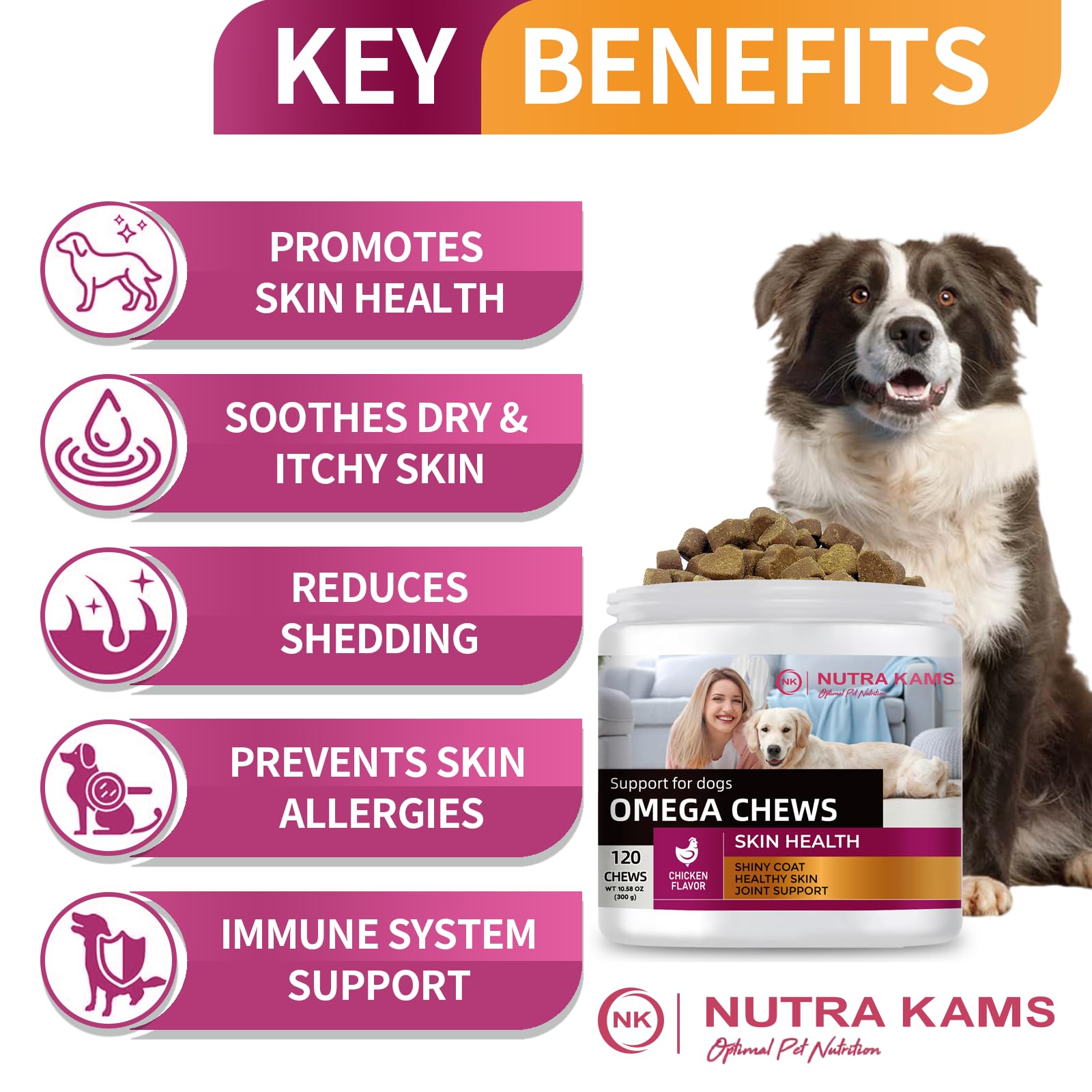 Nutra Kams Skin and Coat with Joint Support for Dogs, Chicken Flavor, 120 Chews, 10.58 oz,