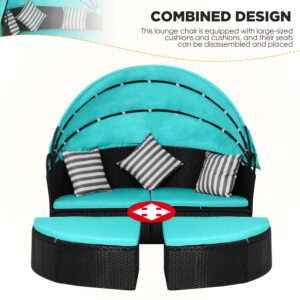 PayLessHere Outdoor Round Daybed Wicker Patio Furniture Outdoor Furniture with Retractable Canopy Rattan Separated Seating Sectional Sofa Washable Cushioned and Three Pillow for Patio Backyard (Blue)