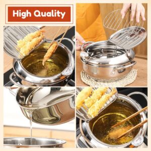 Stainless Steel Deep Fryer Pot,Japanese Tempura Small Deep Fryer for Kitchen Chips Chicken Home Use,2024 Upgraded Stainless Steel Frying Pot with Thermometer and Oil Drip Drainer Rack (9.4in)