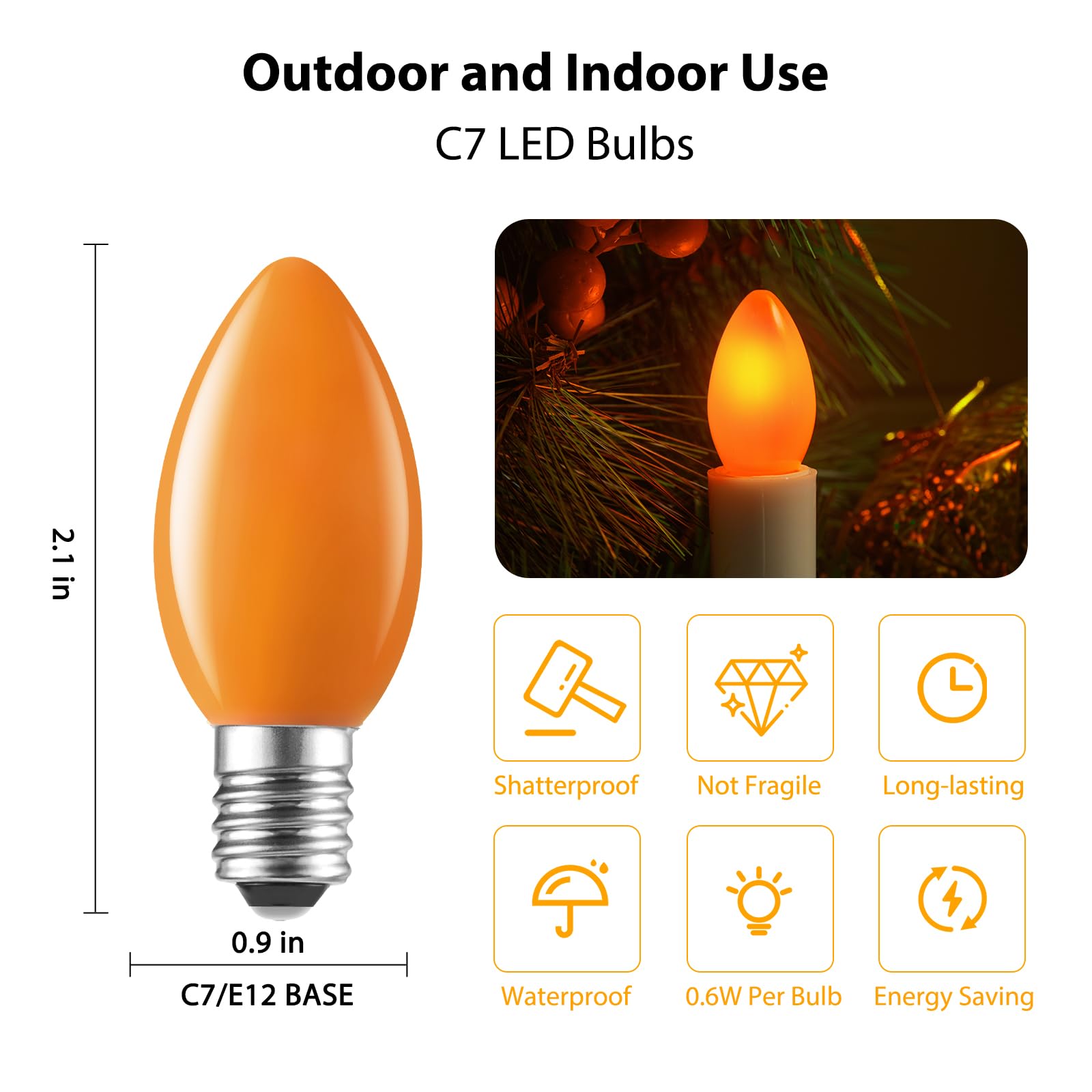 Minetom 25 Pack C7 Led Christmas Lights Bulb Replacement Light Bulbs Orange Commercial Light Bulbs，C7/E12 Candelabra Base Fits C7 Christmas Halloween Indoor Outdoor String Lights