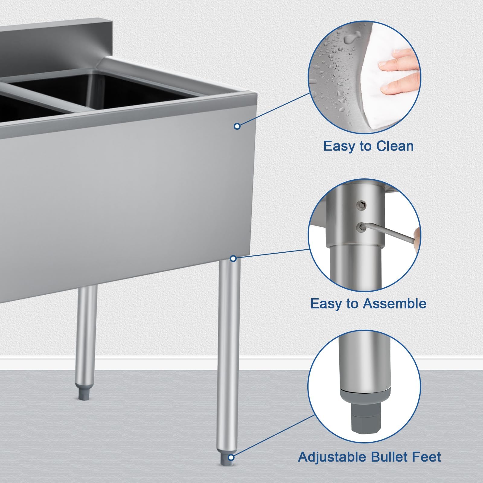 HARDURA 3 Compartment Sink of Stainless Steel, with 10X14X10 Inches Bowl and Backsplash, NSF Commercial Three Compartment Sink for Bar, Restaurant, Kitchen and Cafe