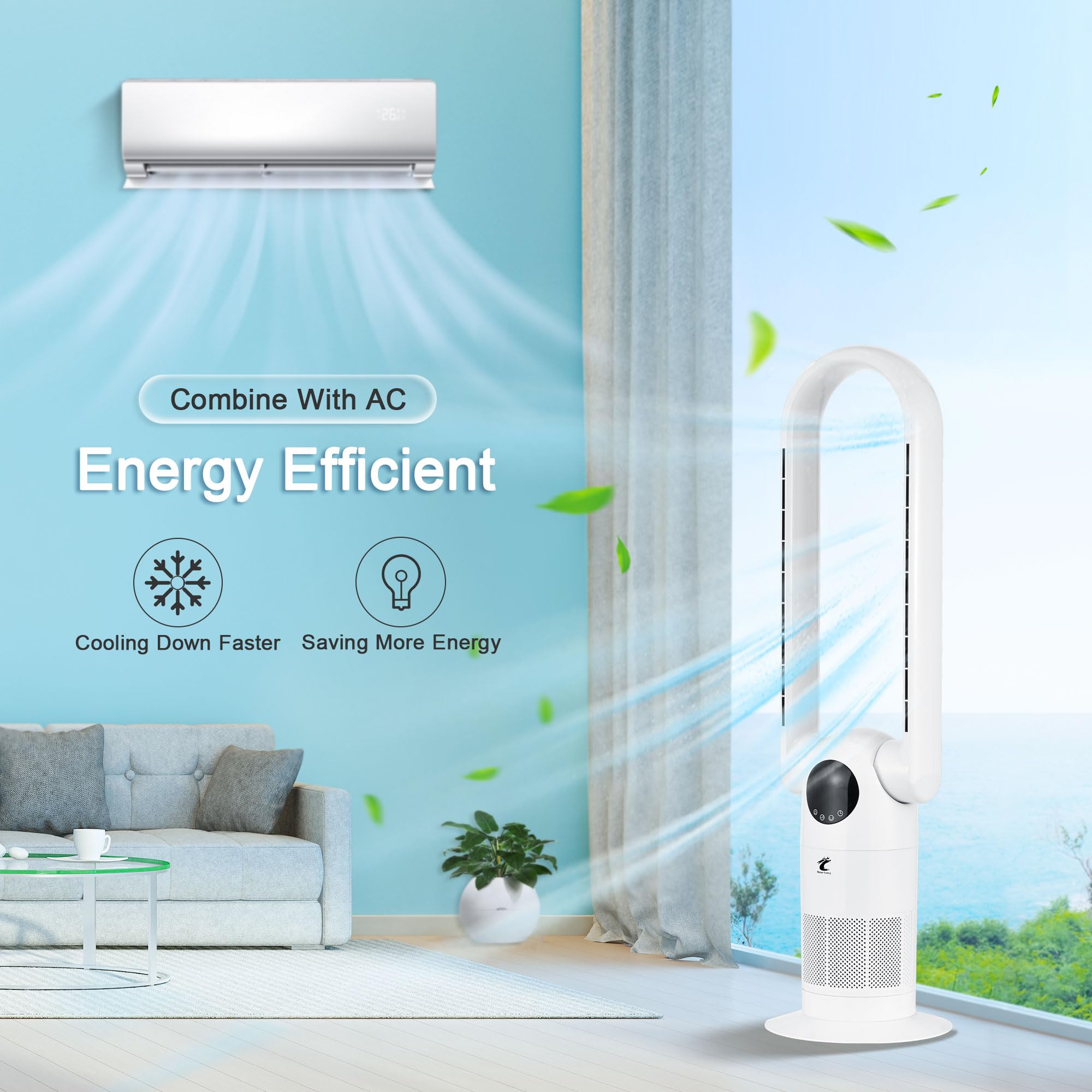 Ocean Loong Bladeless Tower Fan and Air Purifier in one, 90° Oscillating Bladeless Fan with Remote,Tilt Head, 9H Timer, Floor Fans for Bedroom Home, 38.6inch AC68P, White