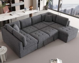 suheww pull-out sleeper sectional, 117.3" modular sectional sleeper sofa with pull out couch bed, u shaped sectional sleeper sofa with pullout for living room grey