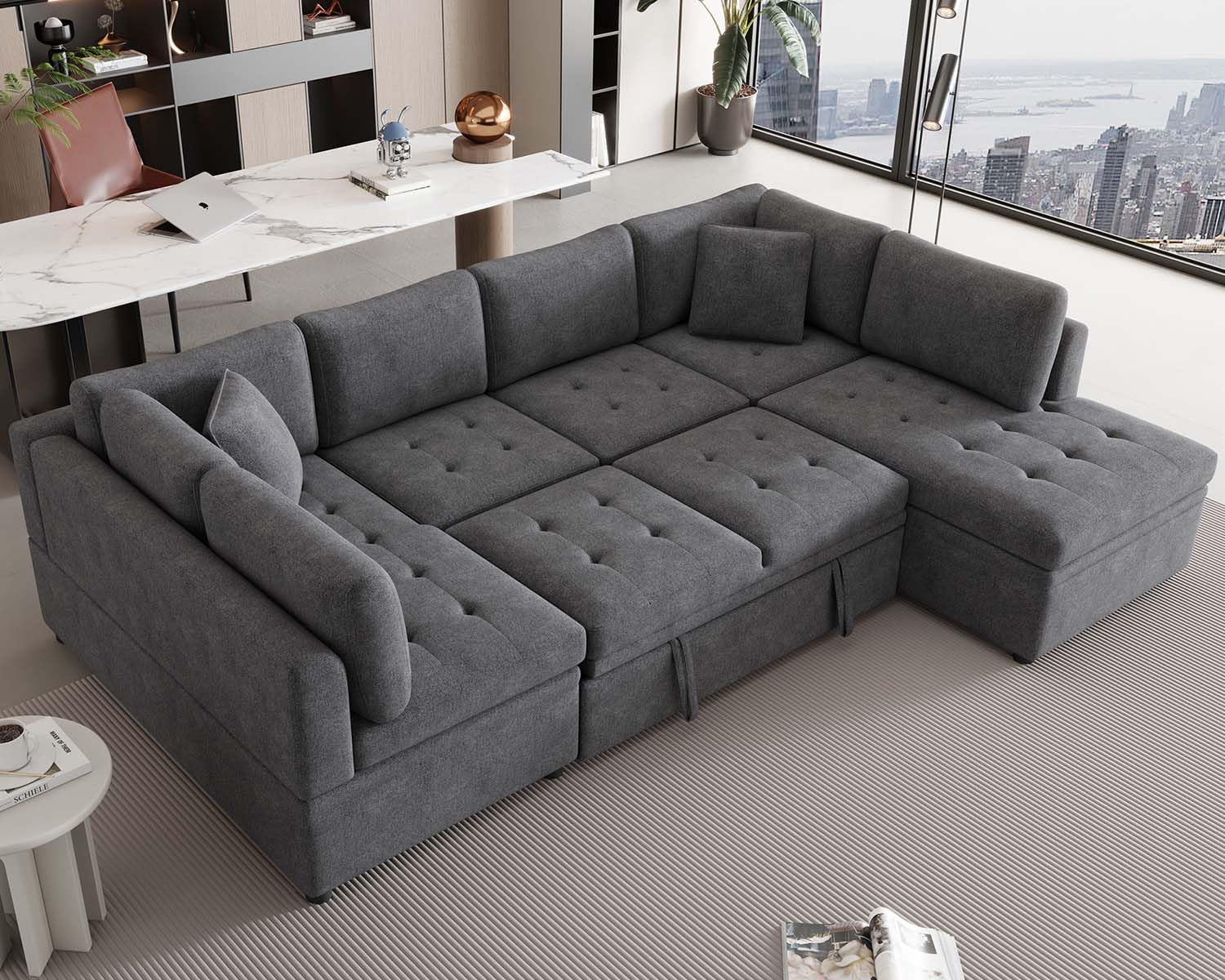 Suheww Pull-Out Sleeper Sectional, 117.3" Modular Sectional Sleeper Sofa with Pull Out Couch Bed, U Shaped Sectional Sleeper Sofa with Pullout for Living Room Grey