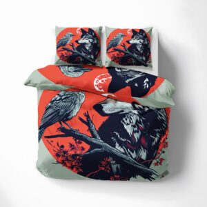 AopGlyvyr Wolf Duvet Cover Full Size, Crow Raven Comforter Cover, Wild Animal Bedding Set, Breathable Duvet Cover with Zipper Closure, 3 Pieces, 1 Soft Duvet Cover & 2 Pillow Shams