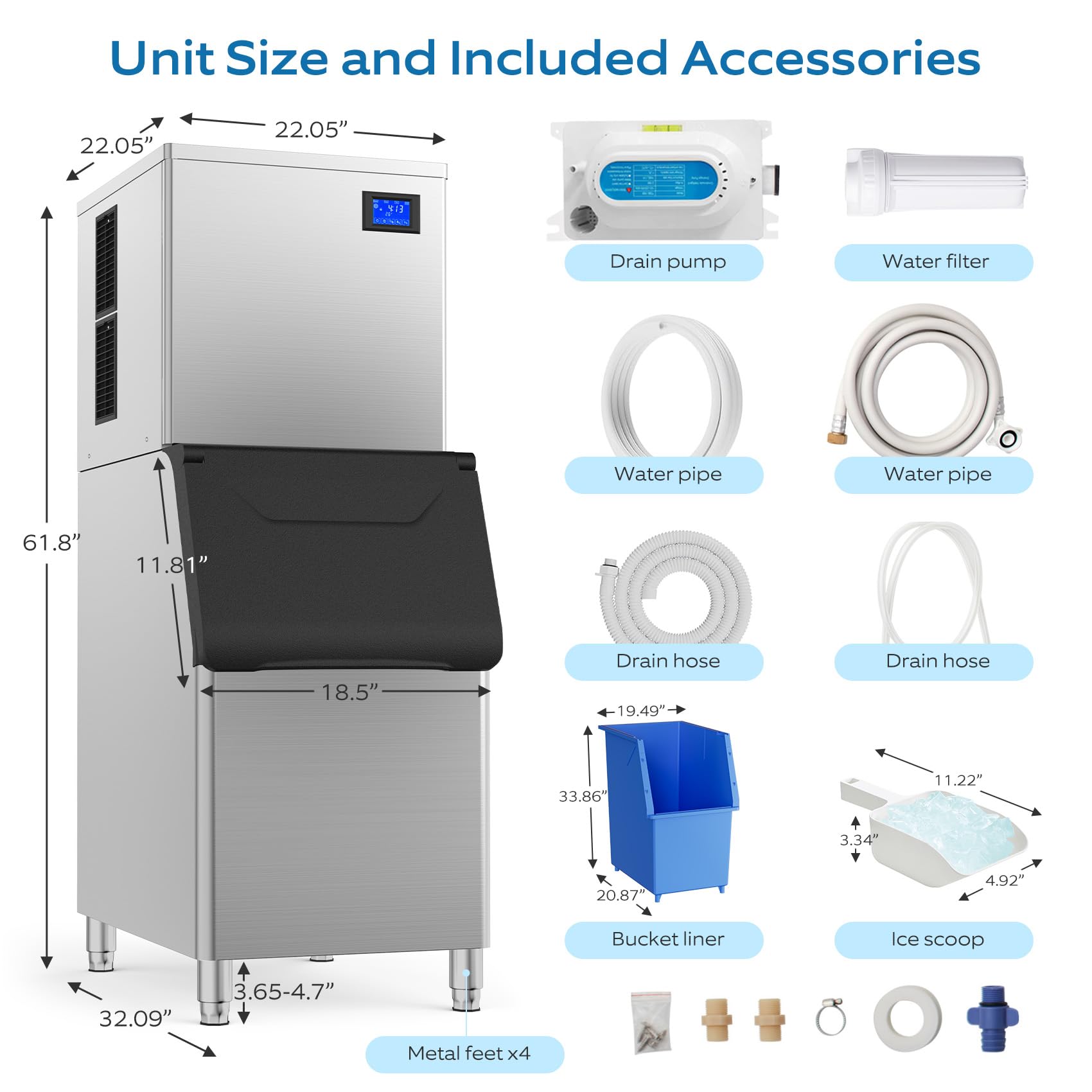 Ice Machine Commercial Ice Maker Machine Large Industrial Stainless Steel Freestanding Ice Machine 410Lbs/24H with 400LBS Storage Bin Ice Ready in 7-12 Mins, Clear Cube Ice (410Lbs/24H)