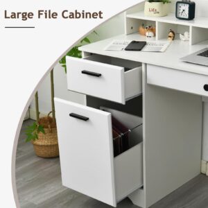 MaverickFurni White Executive Desk with Drawers, 58 Inch White Desk with Storage, Wood Computer Desk with 6 Drawers, Study Desk for Bedroom, Business Furniture Desk with File Cabinet