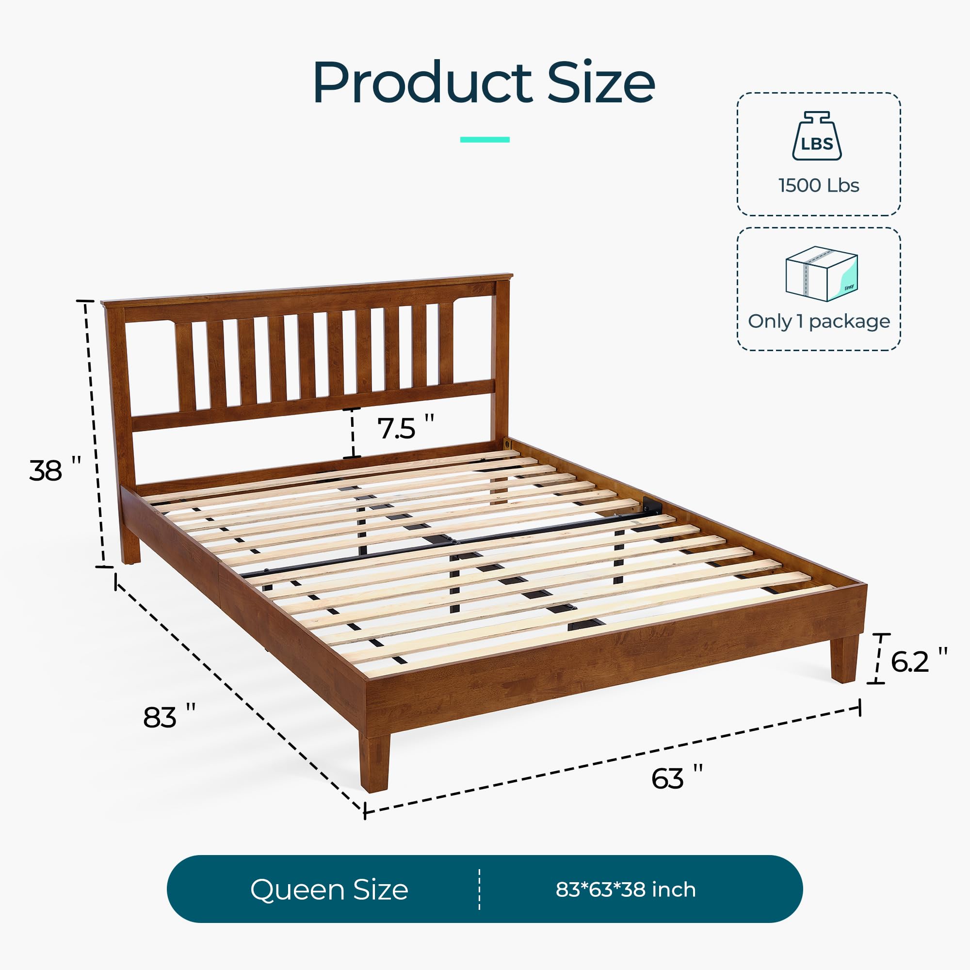 LINSY Queen Bed Frame, Wood Platform Bed Frame with headboard, Solid Wood Bed with Wood Slat Support, No Box Spring Needed, Easy Assembly, Walnut, Queen