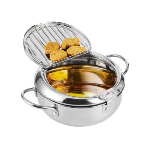 Stainless Steel Deep Fryer Pot,Japanese Tempura Small Deep Fryer for Kitchen Chips Chicken Home Use,2024 Upgraded Stainless Steel Frying Pot with Thermometer and Oil Drip Drainer Rack (9.4in)