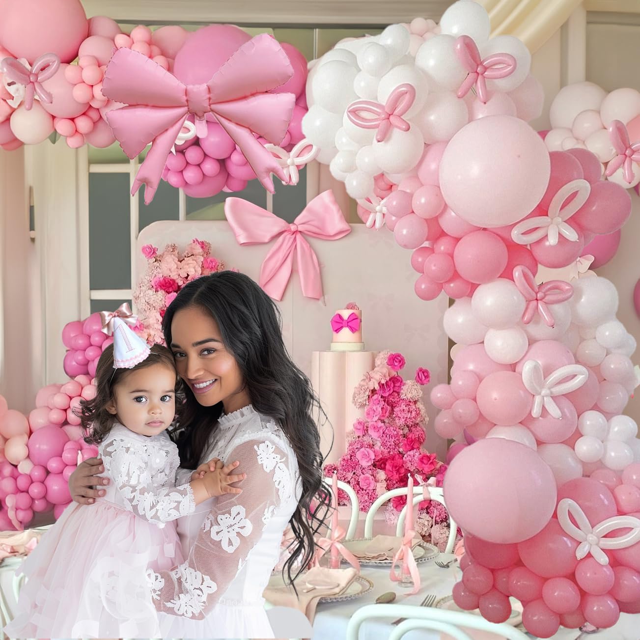 pink balloon arch kit Coquette Birthday Decorations Pink and White Balloon whit Bow balloons for Pink Bow Birthday bachelorette Bridal Shower Party Decorations