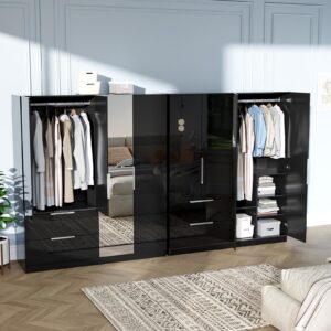 VINGLI 72.8" H Wardrobe Closet with Mirror, High Gloss 4 Door Armoire with 2 Drawers, Wardrobe Cabinet with Hanging Rod & Shelves, Modern Black Freestanding Armoire Wardrobe Closet for Bedroom, Wood